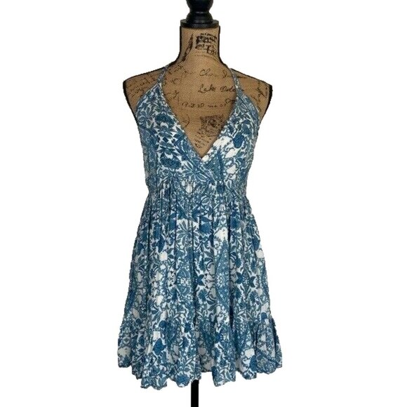 Olivaceous Women's Mini Dress Sundress Size Large Floral Blue Halter Neck Ruffle - Picture 2 of 12